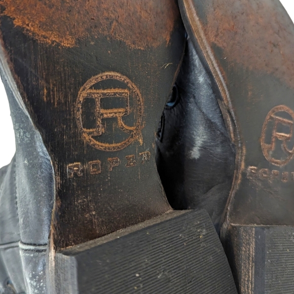 Roper Leather Cutout Western Boots Womens 7 Cowboy Distress Black Blue Metallic - Picture 6 of 13